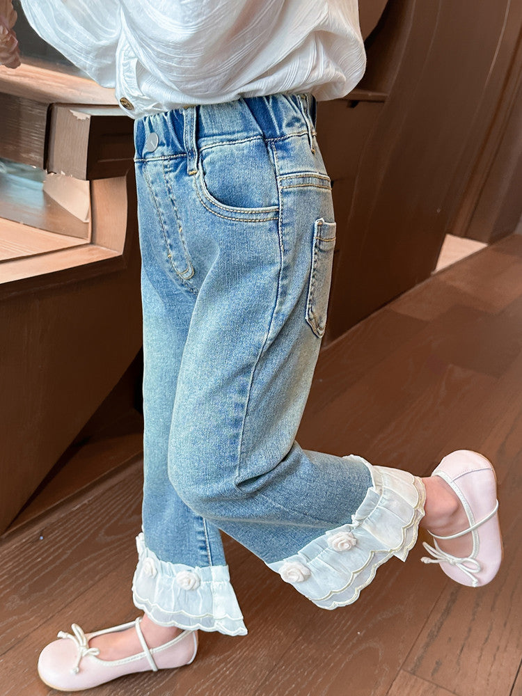 Calça Infantil Feminina Jeans Barra Florzinhas