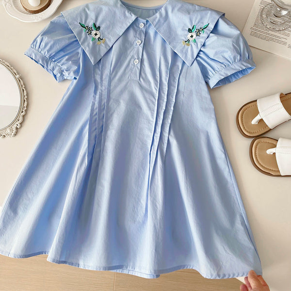 Vestido Infantil Azul Gola Florzinhas