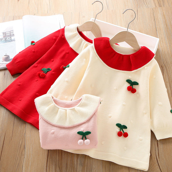 Vestido Infantil Inverno Tricô Cerejinhas