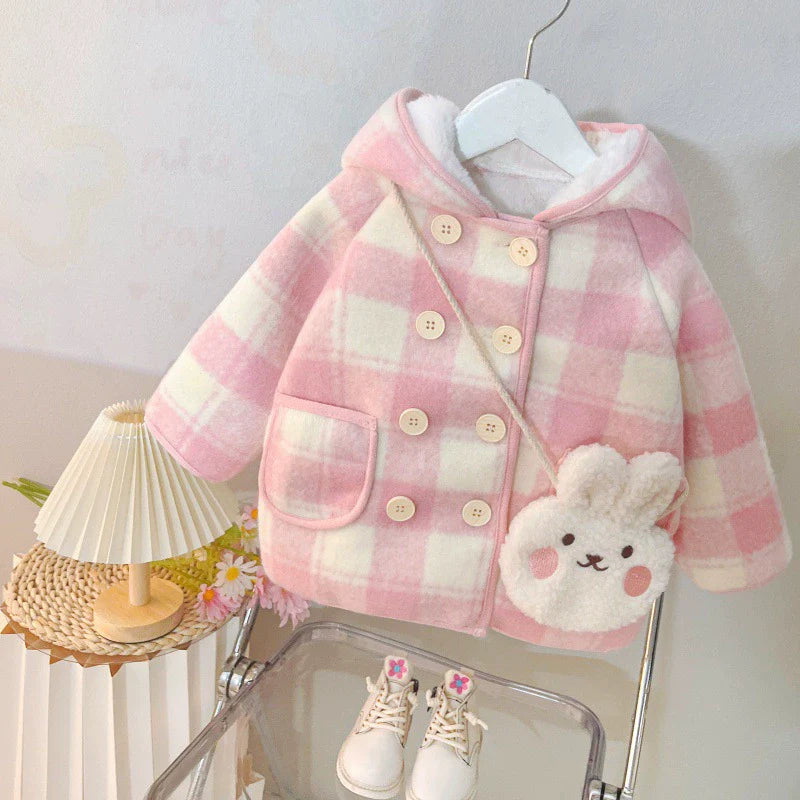 Casaco Infantil Feminino Pelúcia Rosa Xadrez