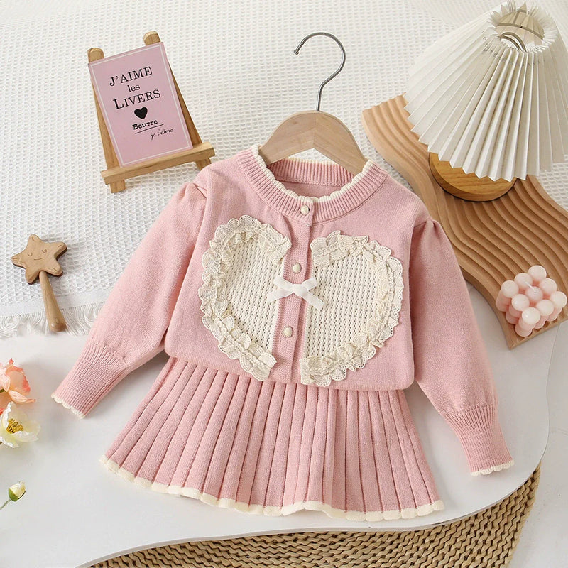 Conjunto Infantil Feminino Tricô Coração com Lacinho