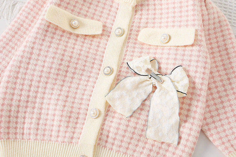 Conjunto Infantil Feminino Tricô Xadrez Lacinho