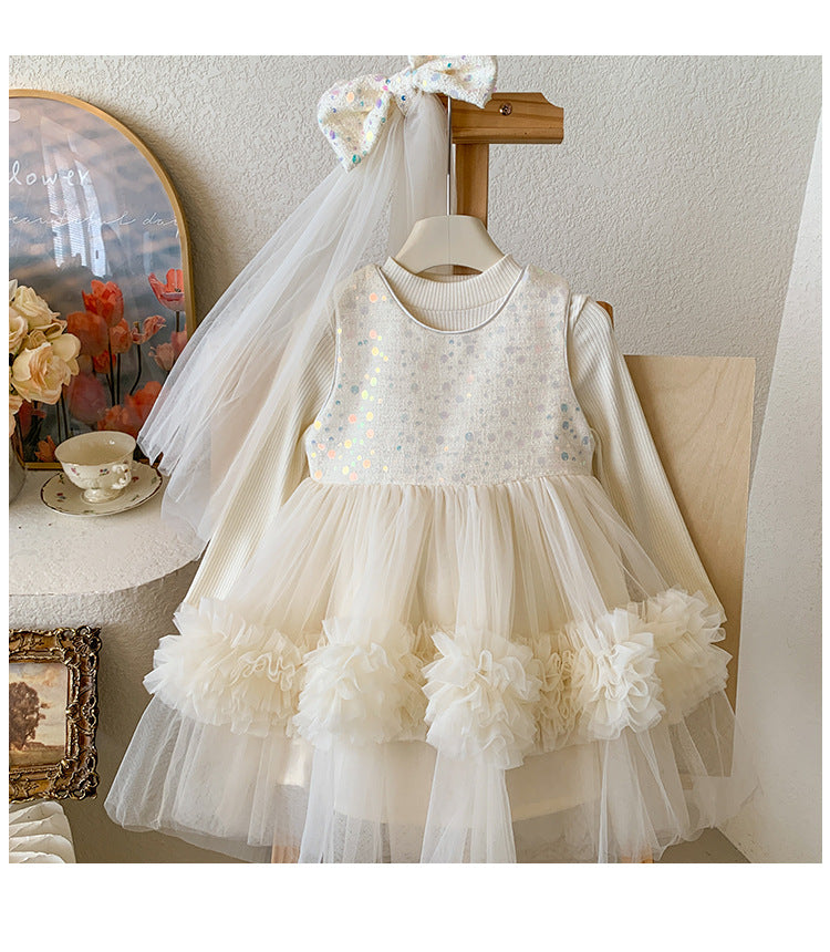 Vestido Infantil Tule Brilhante + Lacinho