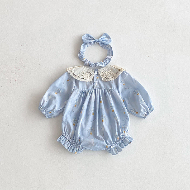 Body/ Vestido Infantil Azul Florzinhas e Renda