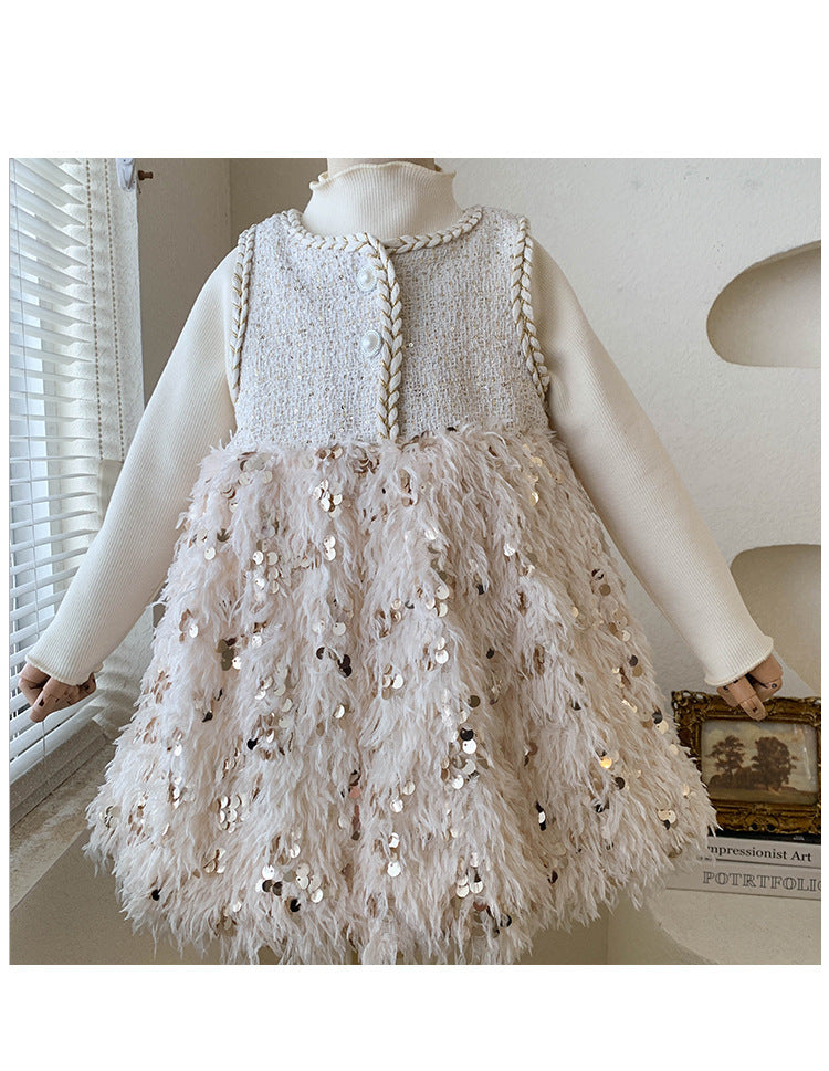 Conjunto Infantil Vestido Plumas Brilhante + Blusa