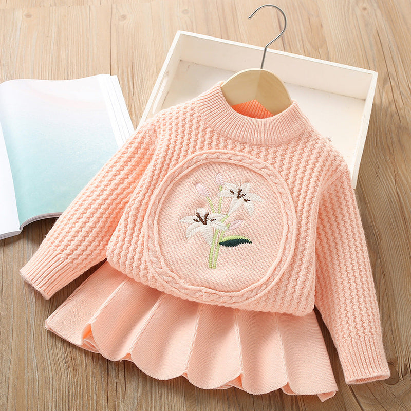Conjunto Infantil Feminino Tricô Plíssado Florzinha