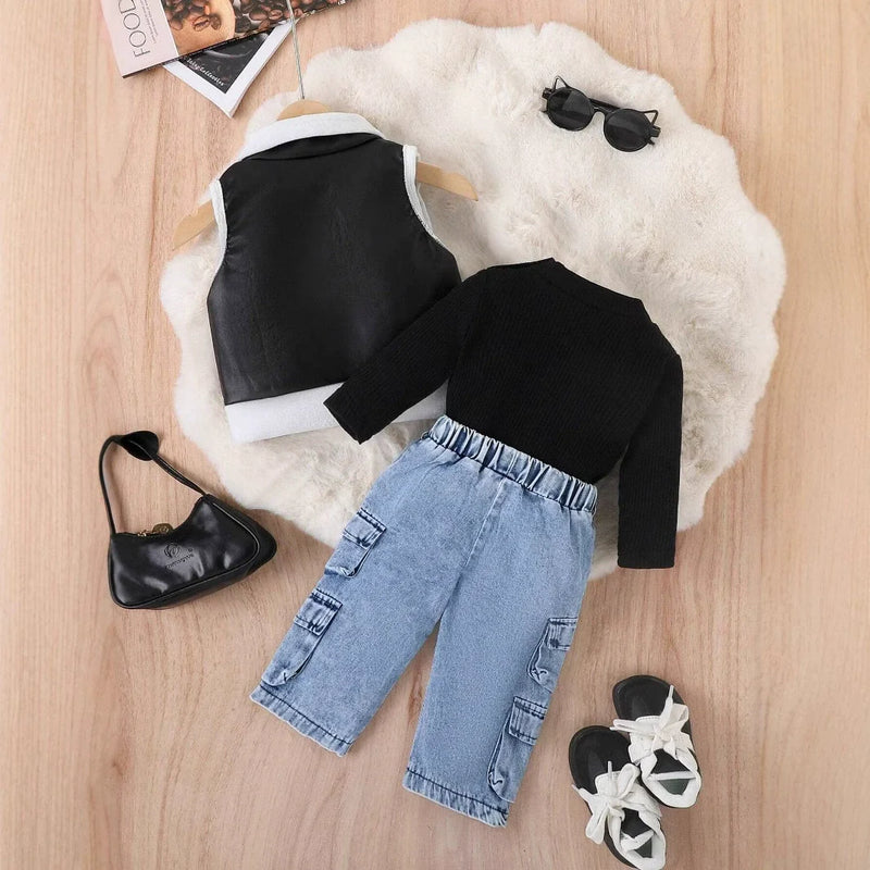 Conjunto Infantil Feminino 3 Peças Colete e Jeans