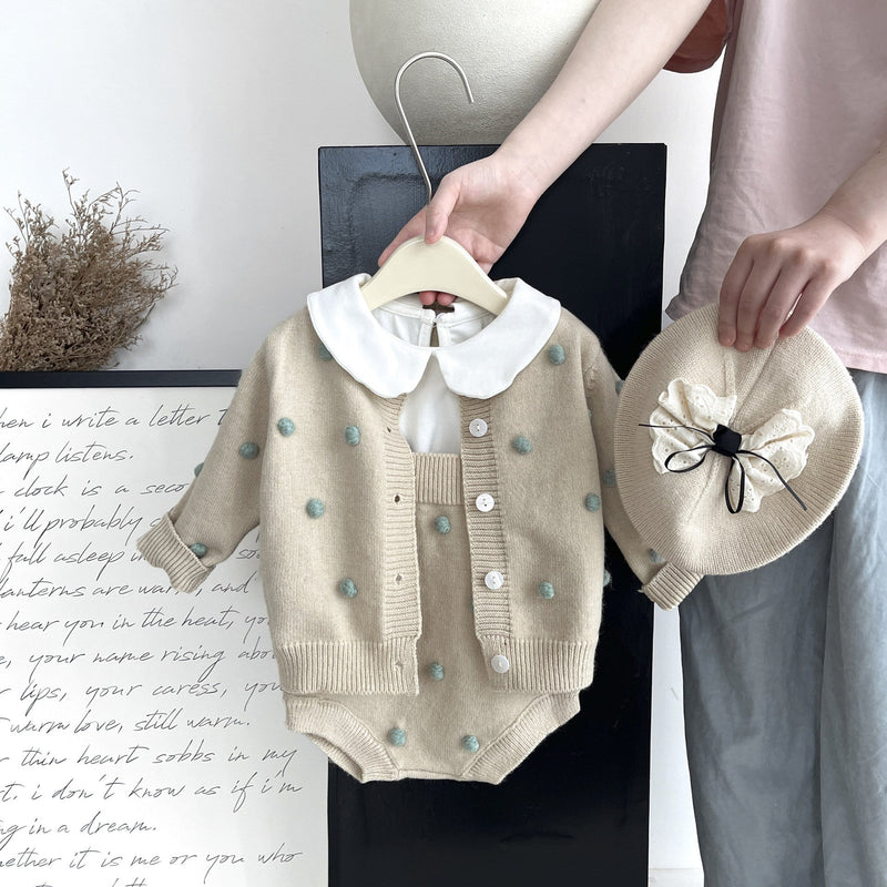 Conjunto Infantil Feminino Tricô com Bolinhas