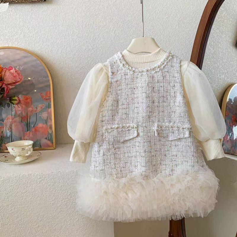 Conjunto Infantil Feminino Vestido Tweed + Manga Tule