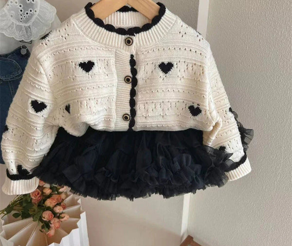 Conjunto Infantil Feminino Tricô Corações e Tule