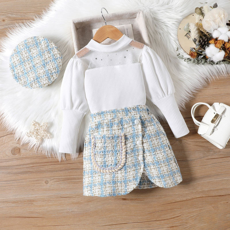 Conjunto Infantil Feminino Branco e Xadrez