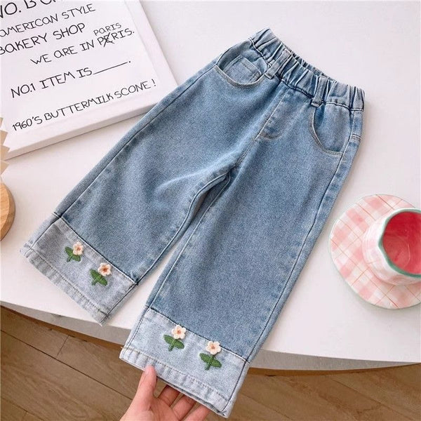 Calça Infantil Feminina Jeans Florzinhas