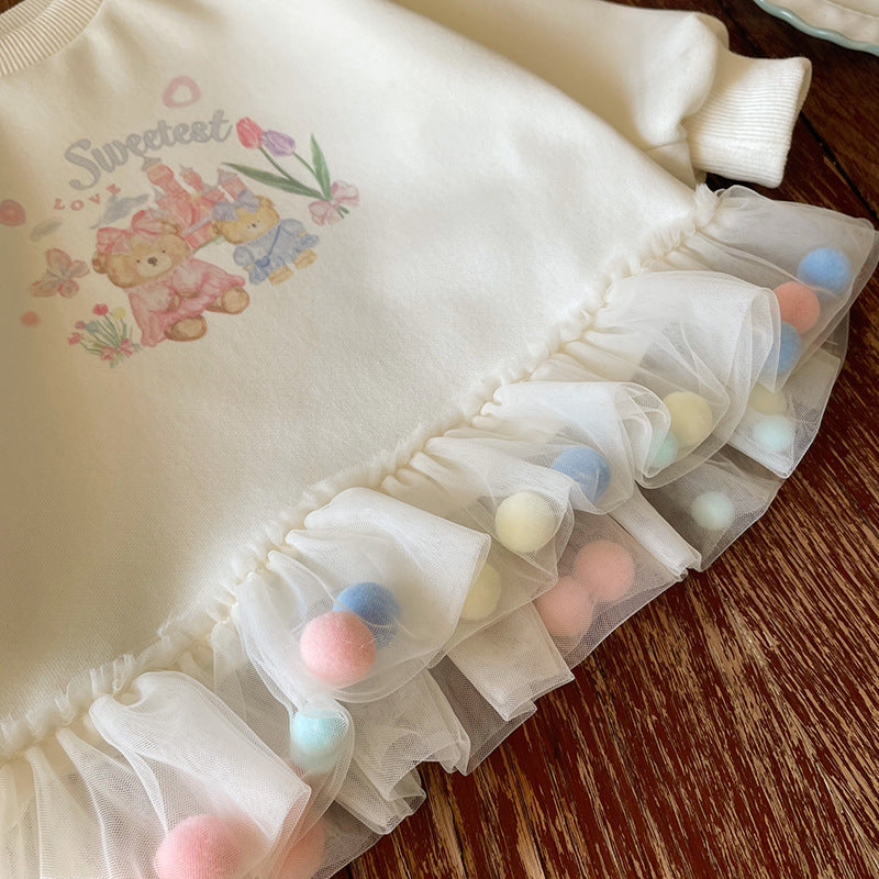 Vestido Infantil Ursinho com Pompom Colorido