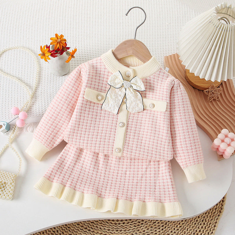 Conjunto Infantil Feminino Tricô Xadrez Lacinho