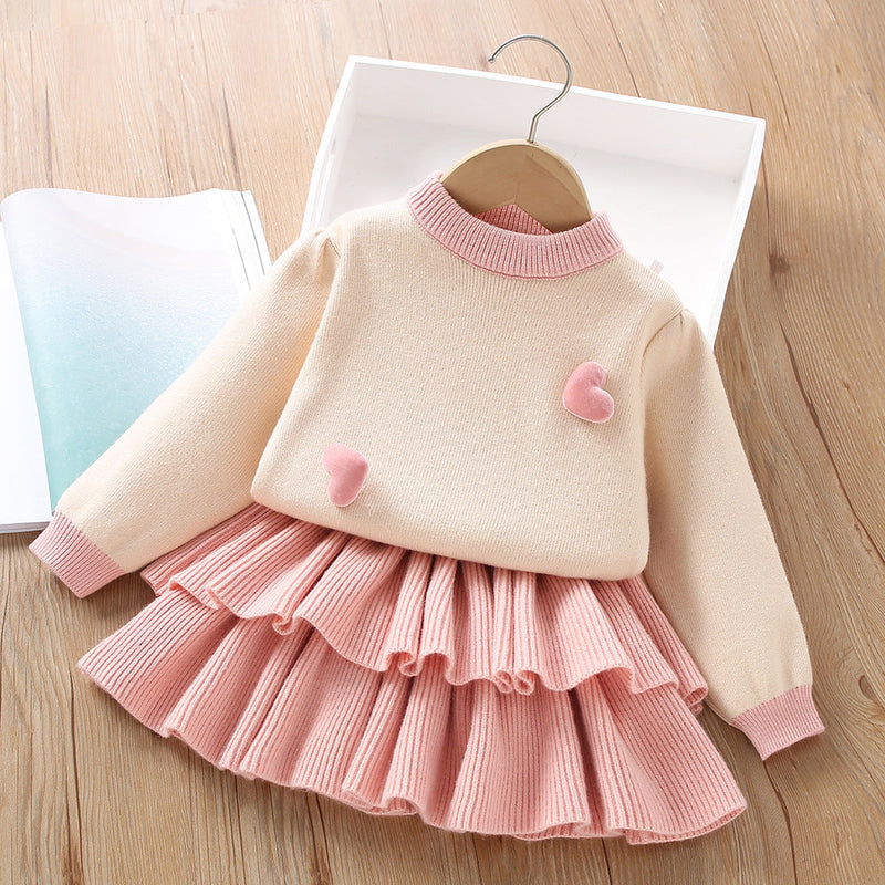 Conjunto Infantil Feminino Tricô Corações e Sainha Plíssada