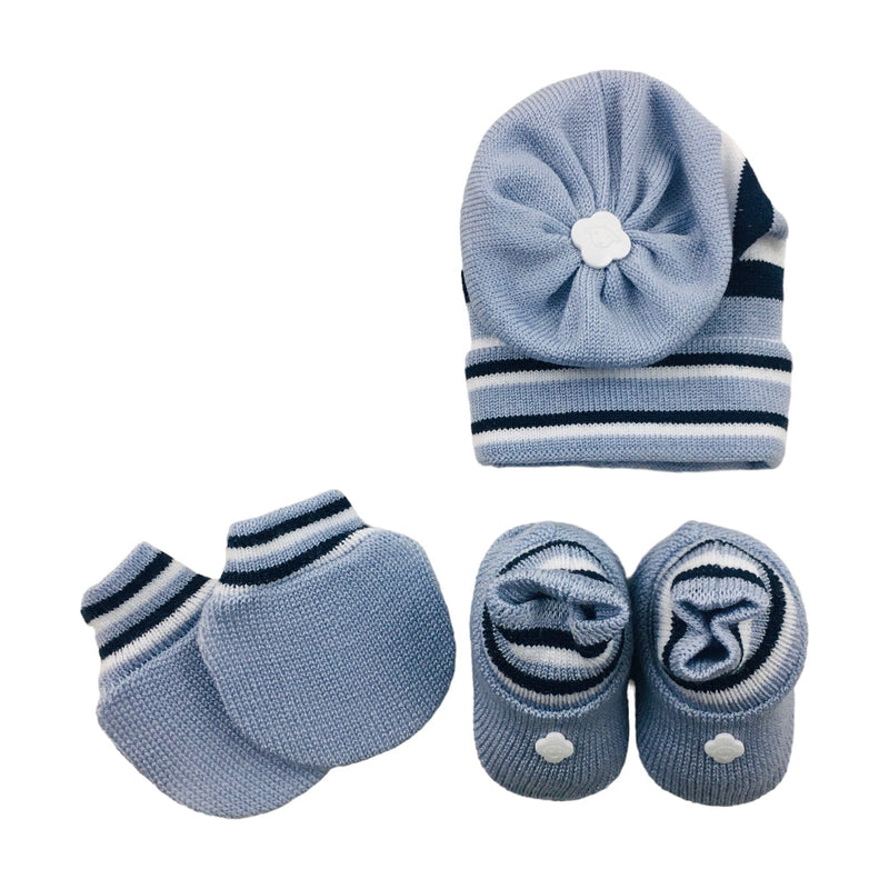 Kit Bebe Tricot Listrado Com Sapato Luva E Touca 3 Peças
