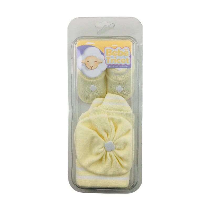 Kit Bebe Tricot Listras Com Sapato Luva E Touca 3 Peças