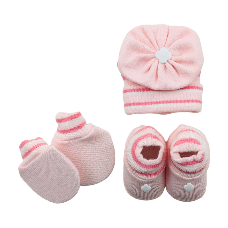 Kit Bebe Tricot Listras Com Sapato Luva E Touca 3 Peças