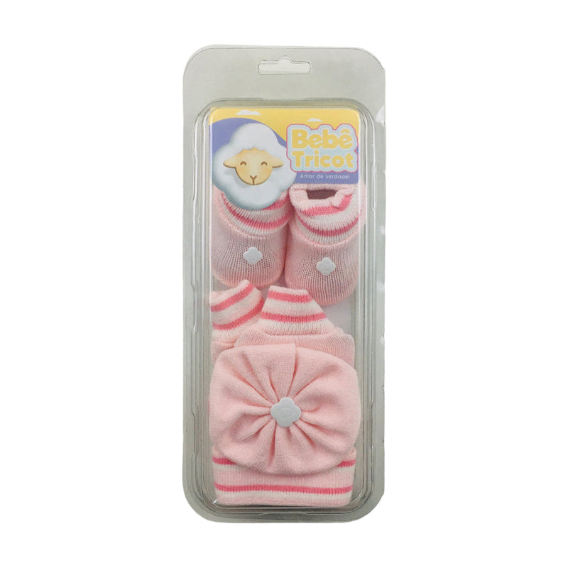 Kit Bebe Tricot Listras Com Sapato Luva E Touca 3 Peças