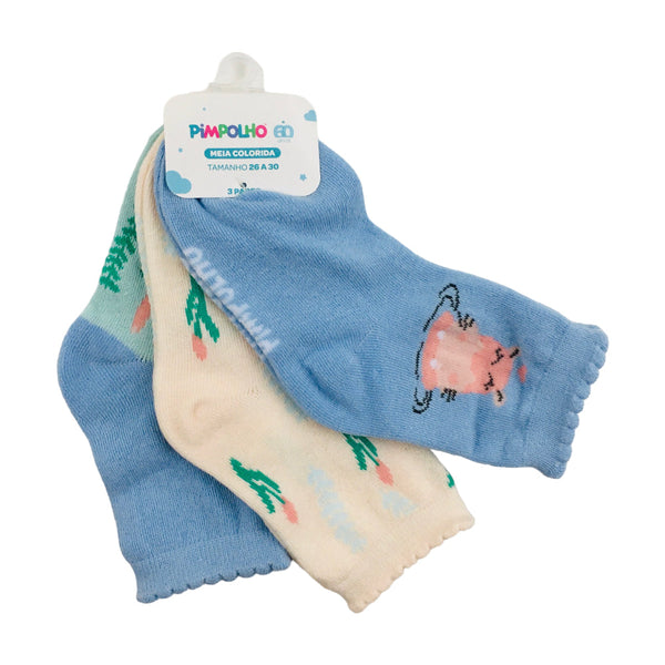 Kit Meia Pimpolho Feminina Com 3 Pares 26-30 Colorida Hipopotamo