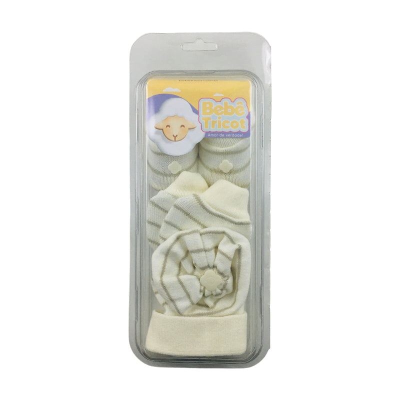 Kit Bebe Tricot Listrado Com Sapato Luva E Touca 3 Peças