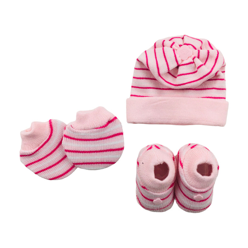 Kit Bebe Tricot Listrado Com Sapato Luva E Touca 3 Peças