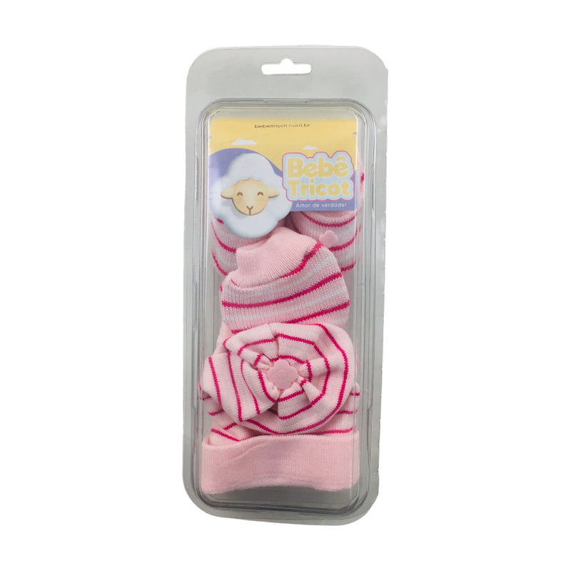 Kit Bebe Tricot Listrado Com Sapato Luva E Touca 3 Peças