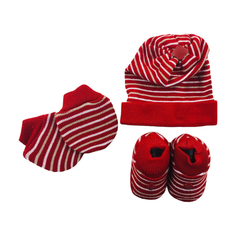 Kit Bebe Tricot Listrado Com Sapato Luva E Touca 3 Peças