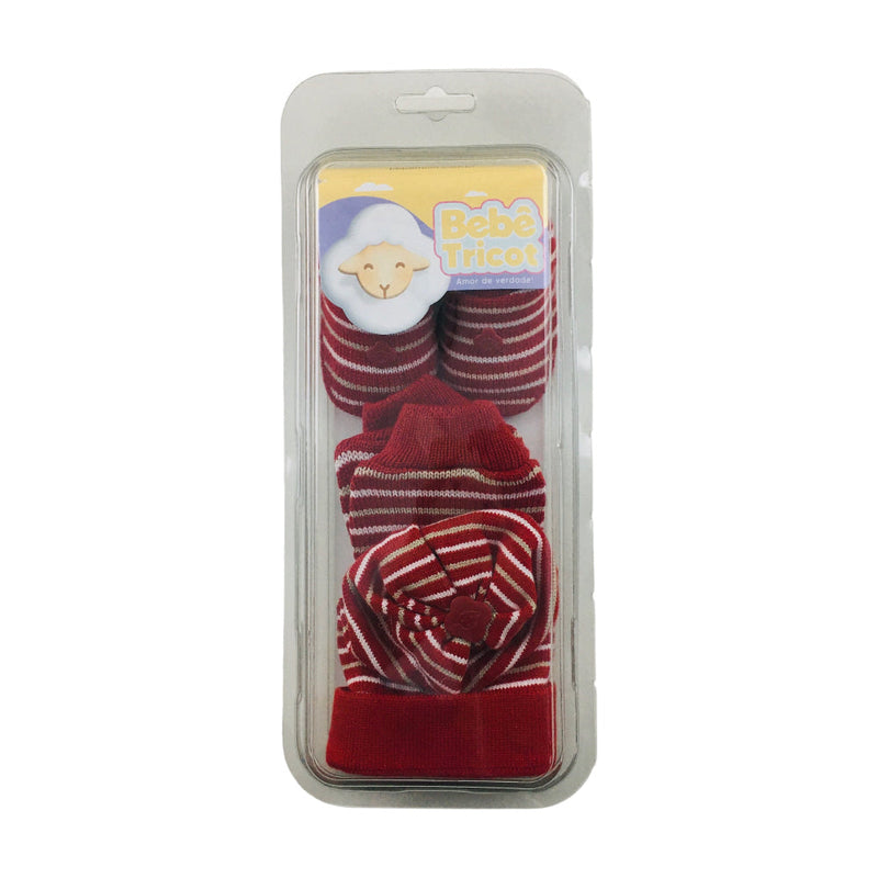 Kit Bebe Tricot Listrado Com Sapato Luva E Touca 3 Peças