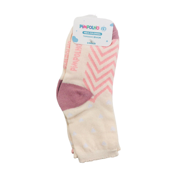 Kit Meia Colorida Pimpolho Feminino 31 a 34 Coração Com 3 Pares