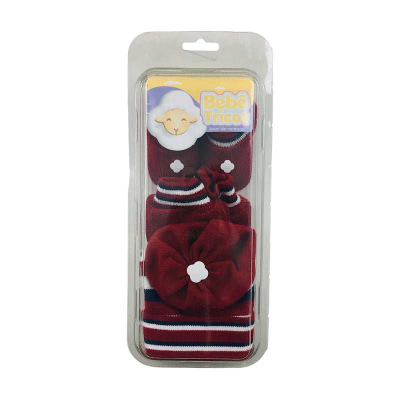 Kit Bebe Tricot Listras Com Sapato Luva E Touca 3 Peças