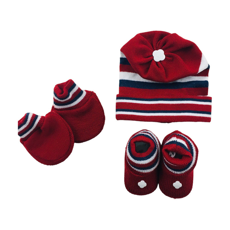 Kit Bebe Tricot Listras Com Sapato Luva E Touca 3 Peças