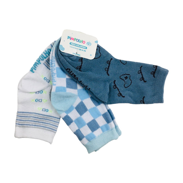 Kit Meia Pimpolho Masculina Com 3 Pares 26-30 Colorida Video Game