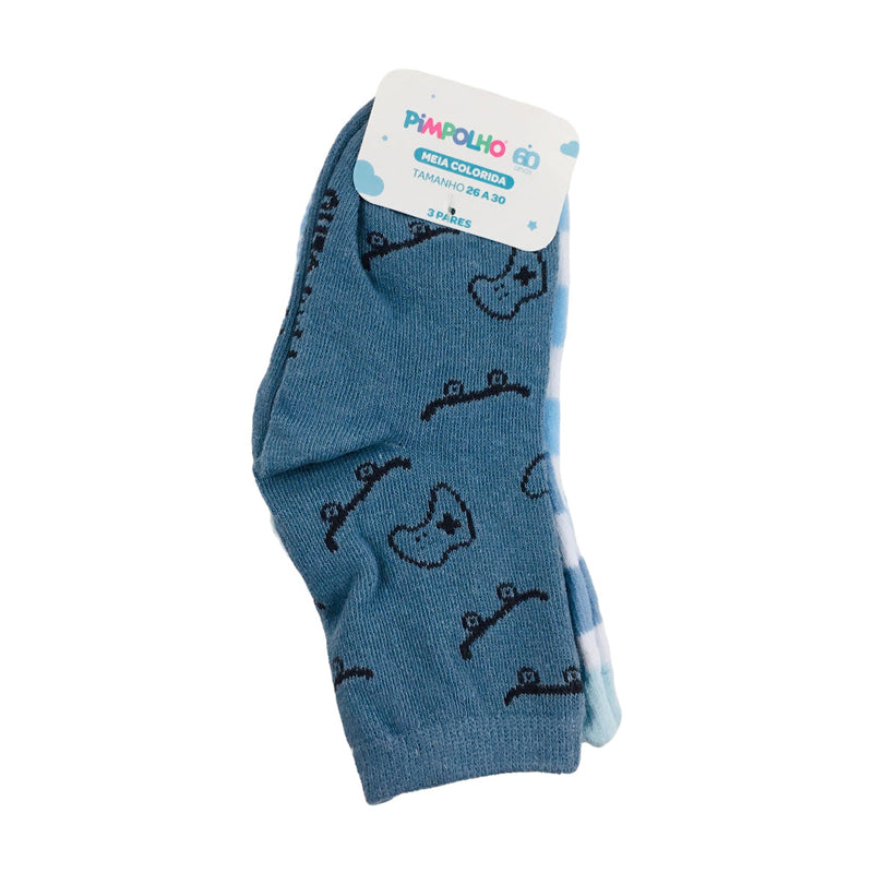 Kit Meia Pimpolho Masculina Com 3 Pares 26-30 Colorida Video Game