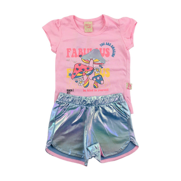 Conjunto Feminino Brincar E Arte Fabulous Blusa Meia Mmanga E Short Malha Shine