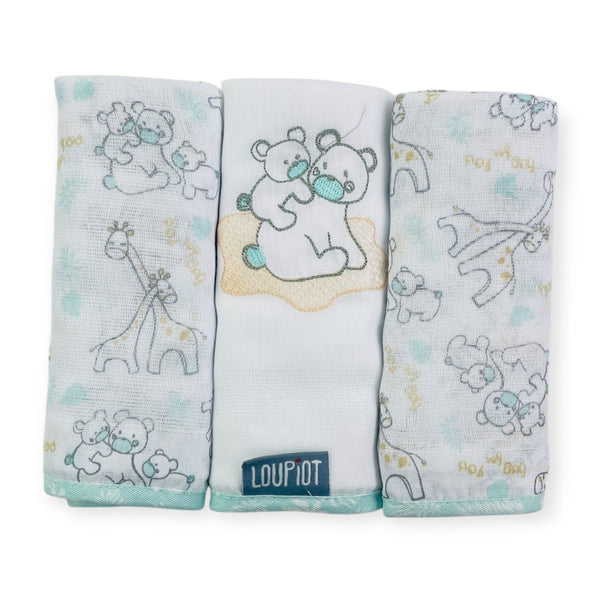Kit Fralda Loupiot Estampada e Bordada Com Bainha 3 Peças