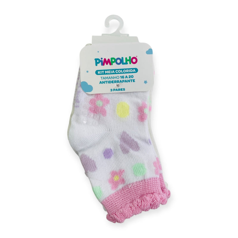 Kit Meia Colorida Feminino Pimpolho Antiderrapante Com 3 Pares