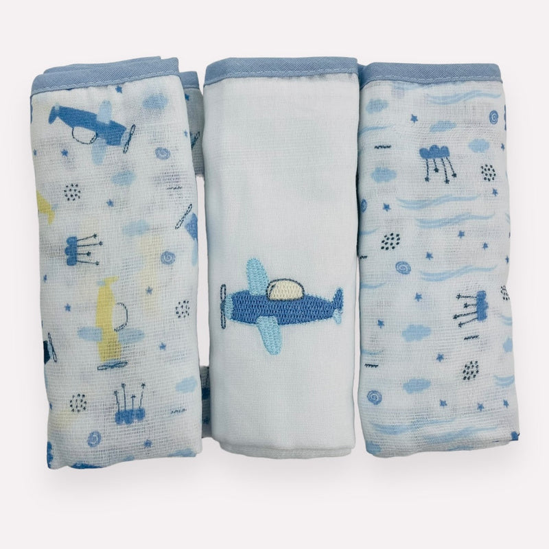 Kit Fralda Baby Nice Aviao Com Bainha 3 Peças- Marinho