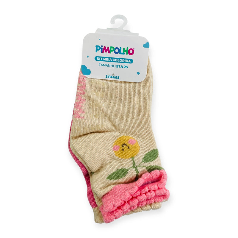 Kit Meia Colorida Feminino Pimpolho Antiderrapante Com 3 Pares