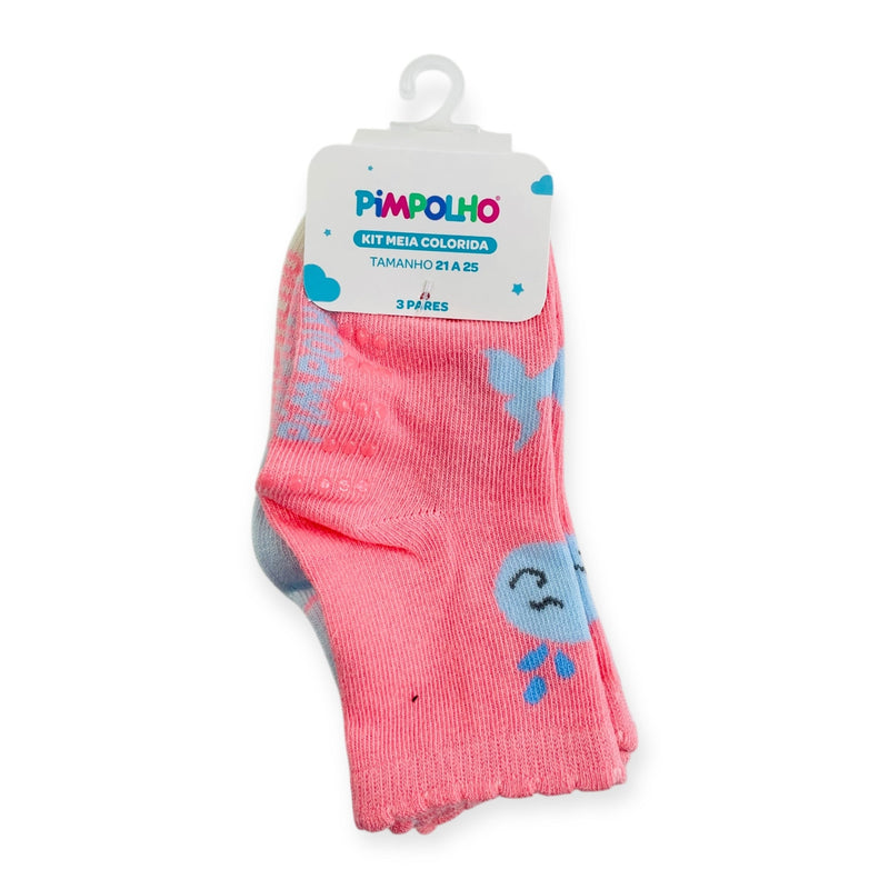 Kit Meia Colorida Feminino Pimpolho Antiderrapante Com 3 Pares