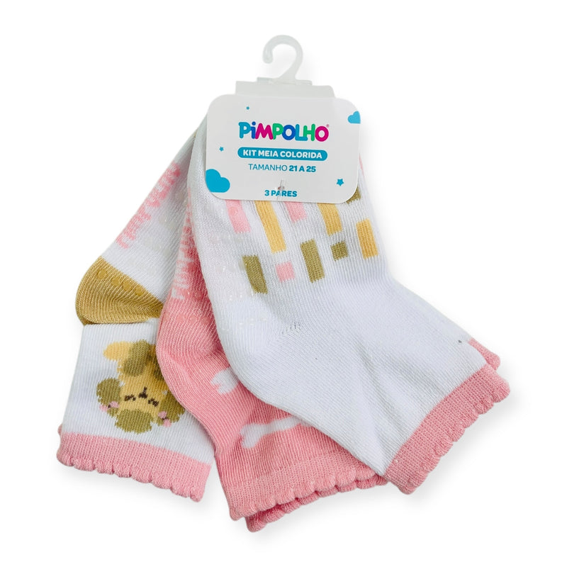 Kit Meia Colorida Feminino Pimpolho Antiderrapante Com 3 Pares