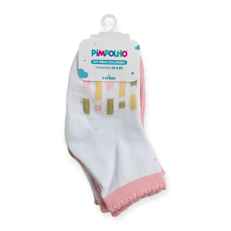 Kit Meia Colorida Feminino Pimpolho Antiderrapante Com 3 Pares