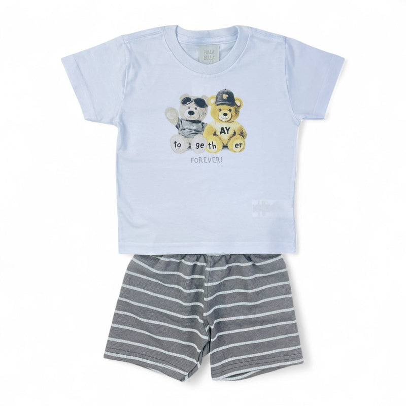 Conjunto Pulla Bulla Infantil com Estampa de Ursinhos e Bermuda Listrada