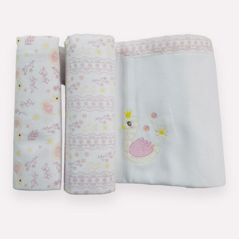 Kit Cueiro Rolinhos Baby Nice Cisne 3 Peças- Rosa - 80 X80 Cm