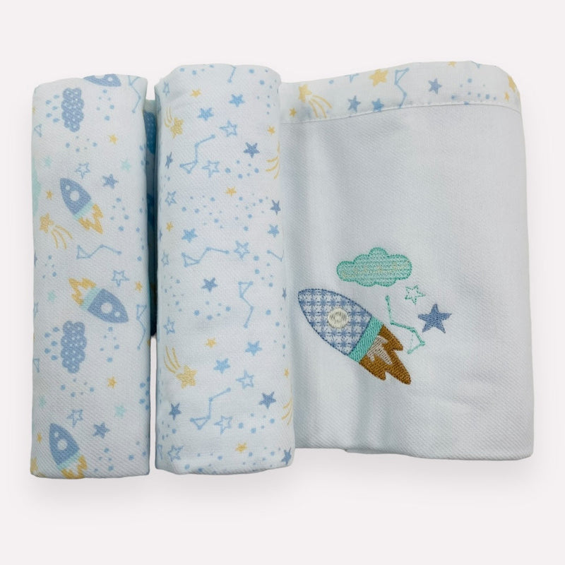 Kit Cueiro Rolinhos Baby Nice Foguete 3 Peças - Azul - 80X80 Cm