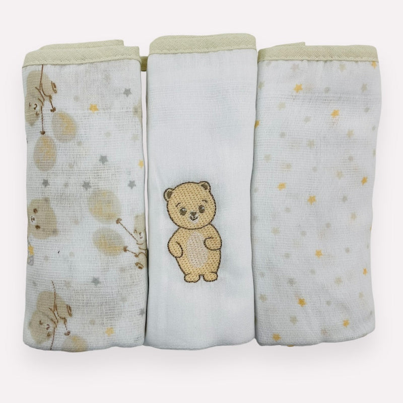 Kit Fralda Baby Nice Ursinho Com Bainha 3 Peças- Bege