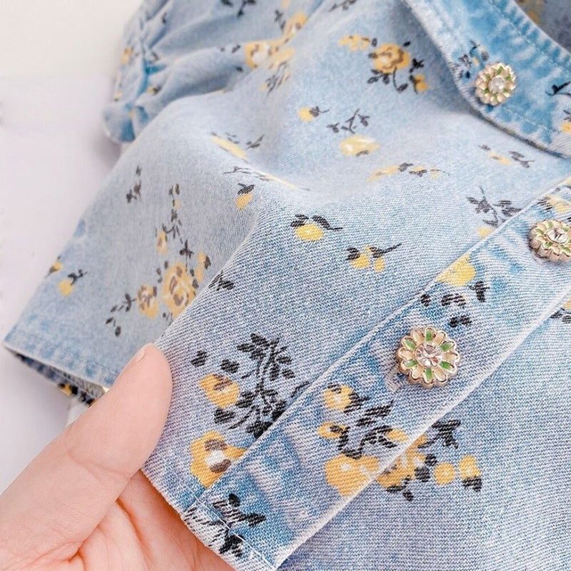 Conjunto Infantil Feminino Jeans Florzinhas