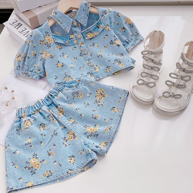 Conjunto Infantil Feminino Jeans Florzinhas