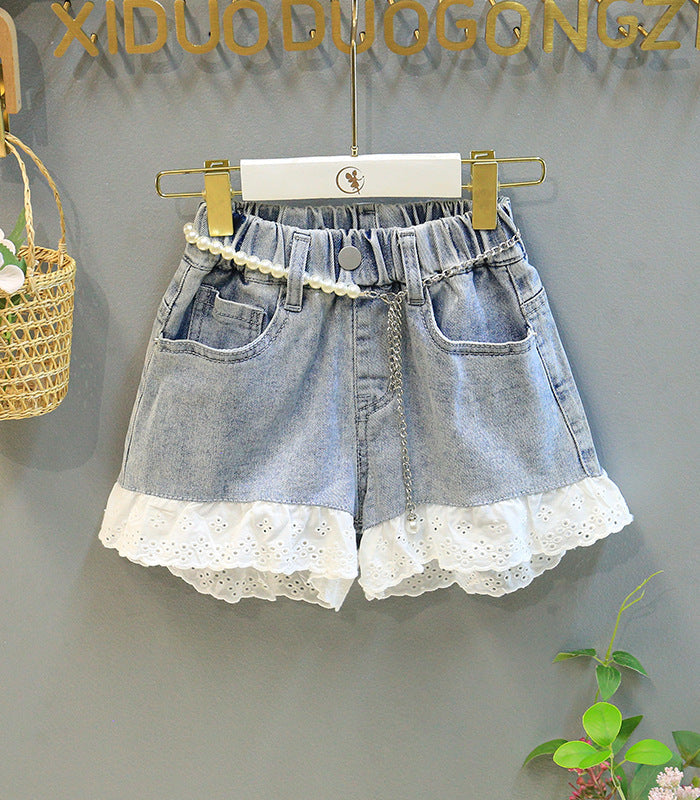Conjunto Infantil Feminino Branco e Jeans Rendinha