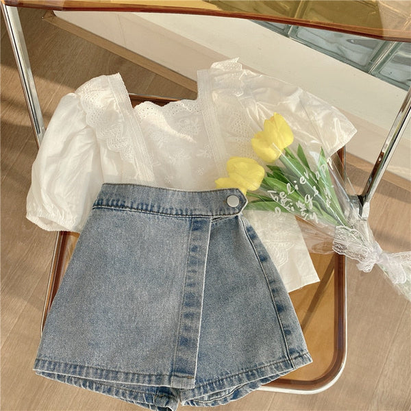 Conjunto Infantil Feminino Renda e Sainha Jeans